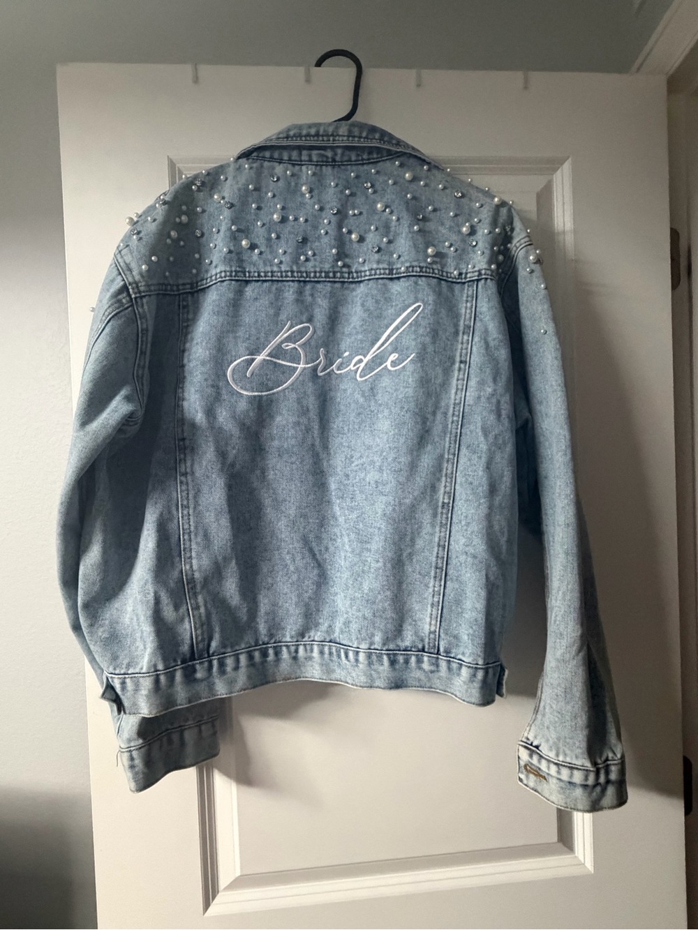 Light Blue Denim Bride Jacket with Pearl Accents